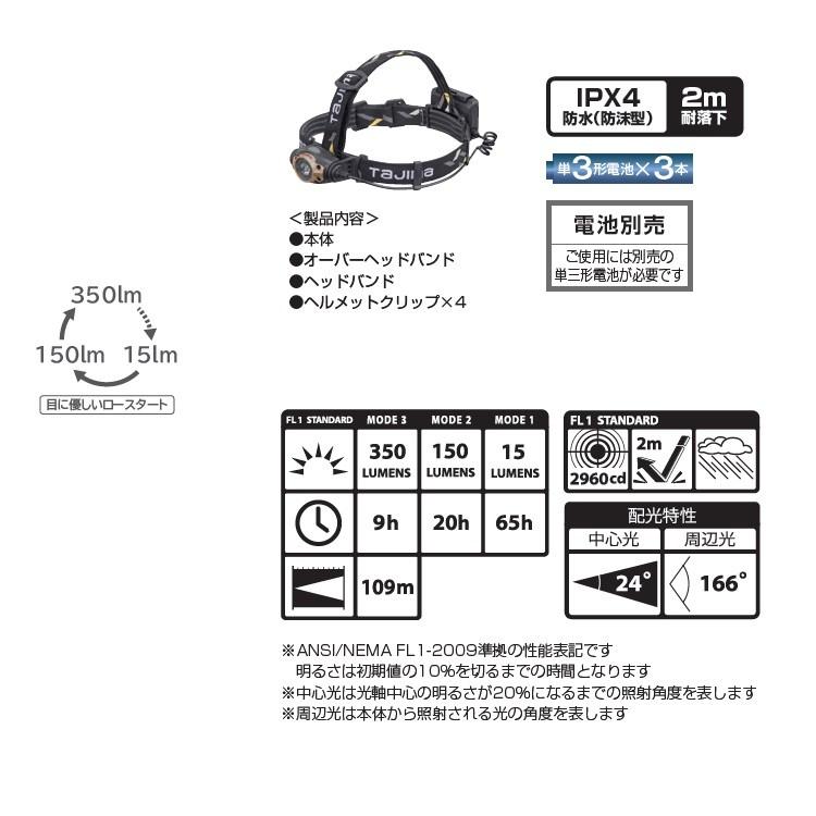 タジマ TAJIMA ヘッドライト 350ルーメンlm LEDヘッドライト LE-F351D 単三電池3本 ゴールド／シルバー／ガンメタ｜datemono｜07