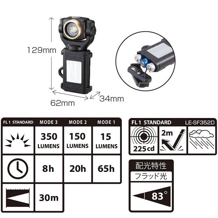 タジマ TAJIMA LEDライトワークライト 350ルーメンlm LE-SF352D LEDセフ 着脱式ライト SF352D 単三電池3本 セフ後付ホルダー 縦ベルト用付き | Tajima | 01