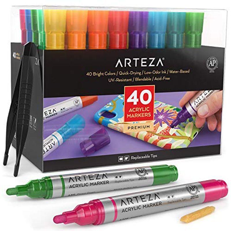 【ギフト】 Artezaアクリルペイントマーカー、交換可能チップ付きロック、キャンバス、ガラス、プラスチック用カラーペン40色セット 蛍光ペン