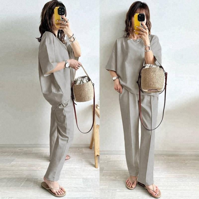 セットアップ レディース 夏服 トップス ブラウス 丸首 中袖 プル