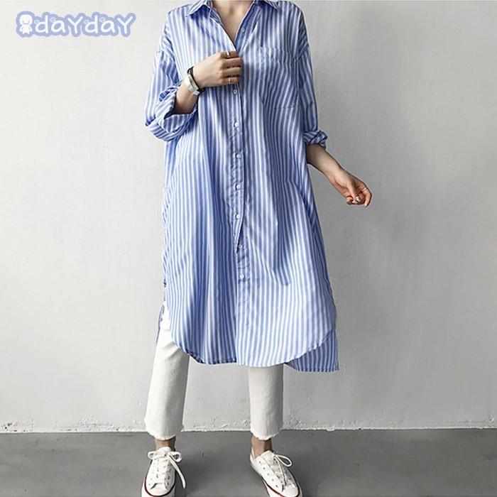 美品　現行　ディオール　シャツワンピース　スカーフ　ストライプ　L　アシメ　青 セール】 【洗える】ストライプゴアードシャツワンピース