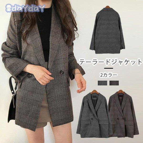 テーラードジャケット グレンチェック ロング 大きめ カジュアル 袖口スリット ダブルボタン ゆったり 薄手 春秋 レディース スーツ アウター フォーマル 品質満点