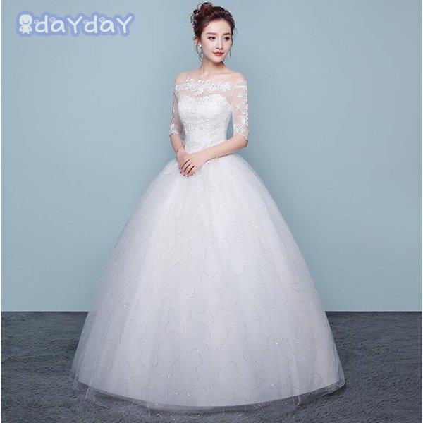 ウエディングドレス ロング 白 豪華 お呼ばれ 袖あり 肩隠し袖隠し