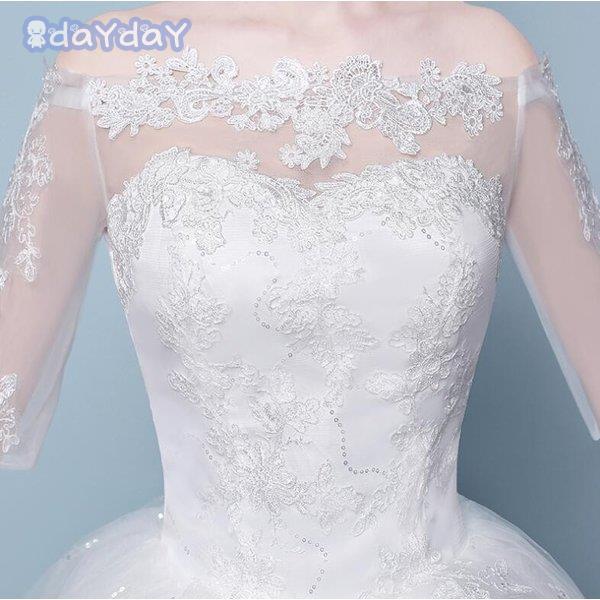 ウエディングドレス ロング 白 豪華 お呼ばれ 袖あり 肩隠し袖隠し