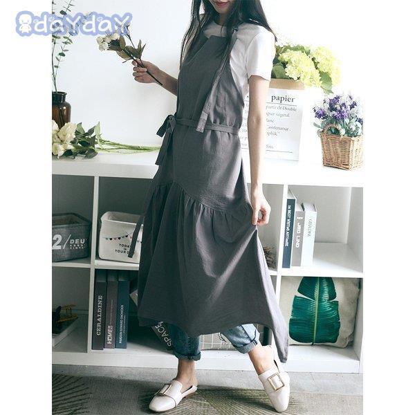 リネンエプロ エプロン 女性 ロング丈 シンプル 無地 ワンピース