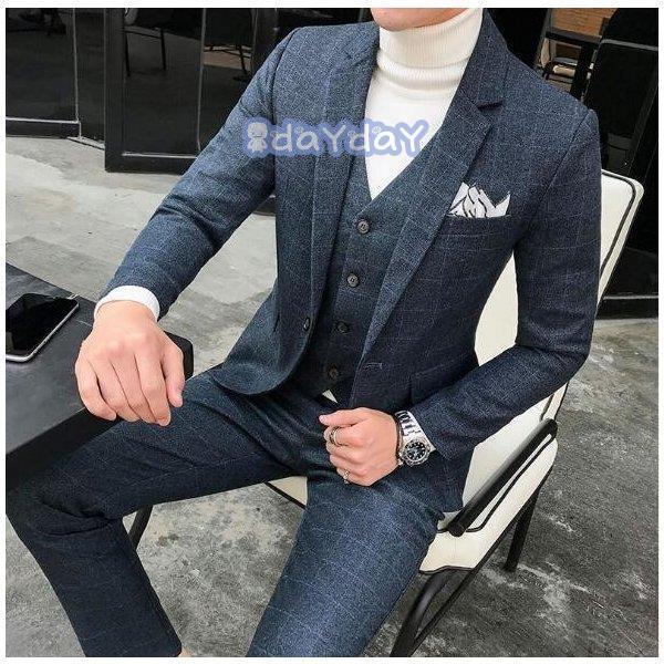 メンズ スーツ スーツセット チェック柄 ジャケット ベスト パンツ 3点