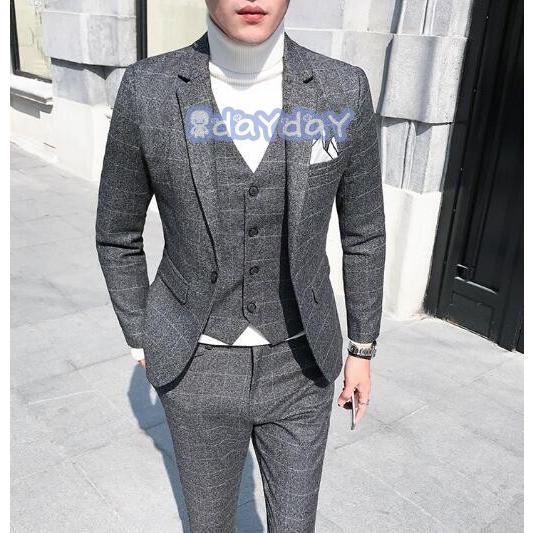 メンズ スーツ スーツセット チェック柄 ジャケット ベスト パンツ 3点