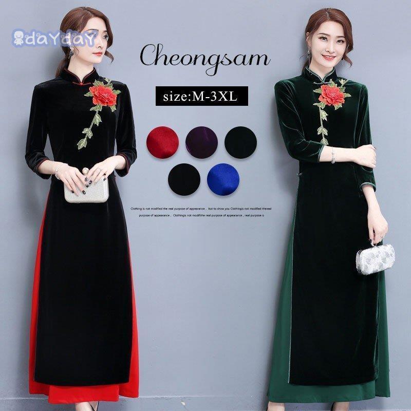 チャイナドレス レディース チャイナ服 7分袖 ロング パーティードレス ドレス ワンピース 花柄 スリット 大きいサイズ ベルベット 結婚式 披露宴