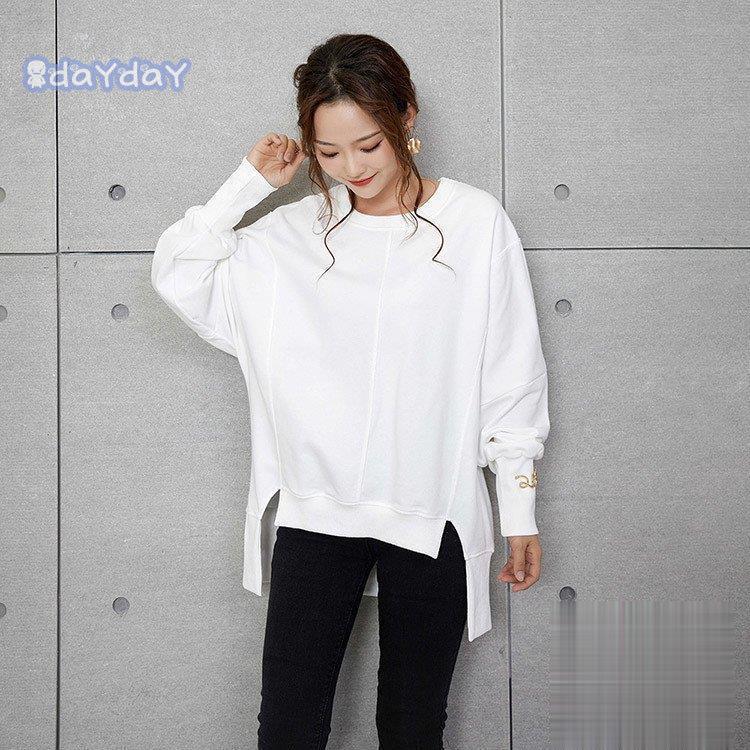 tシャツ ブラウス トップス プルオーバー ウエア レディース 無地 長袖 Uネック ベーシック 体型カバー ゆったり シンプル レトロ カジュアル シンプル