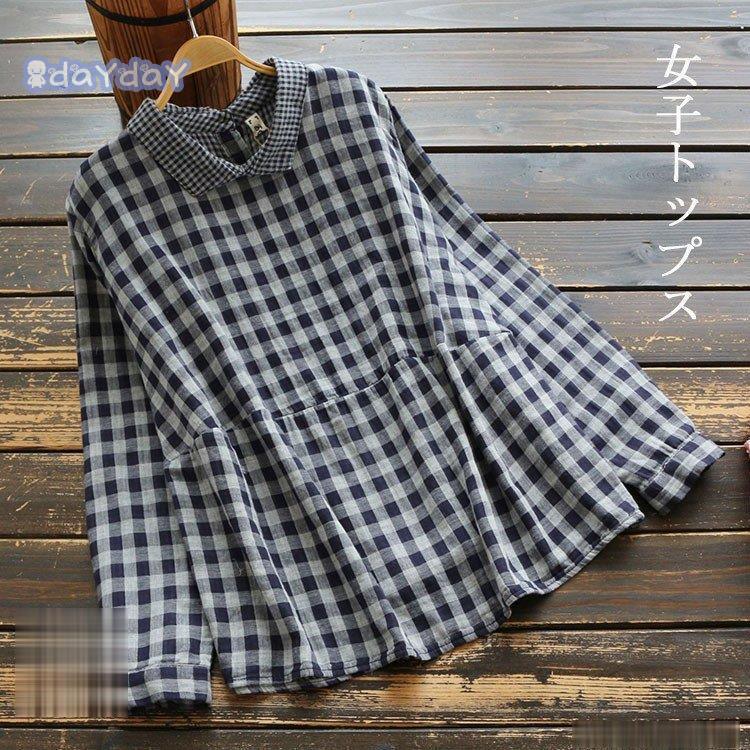 シャツ ブラウス レディース 長袖 チェック柄 綿 コットン 折りえり 着痩せ ファッション シンプル きれいめ ゆったり 体型カバー オシャレ 秋
