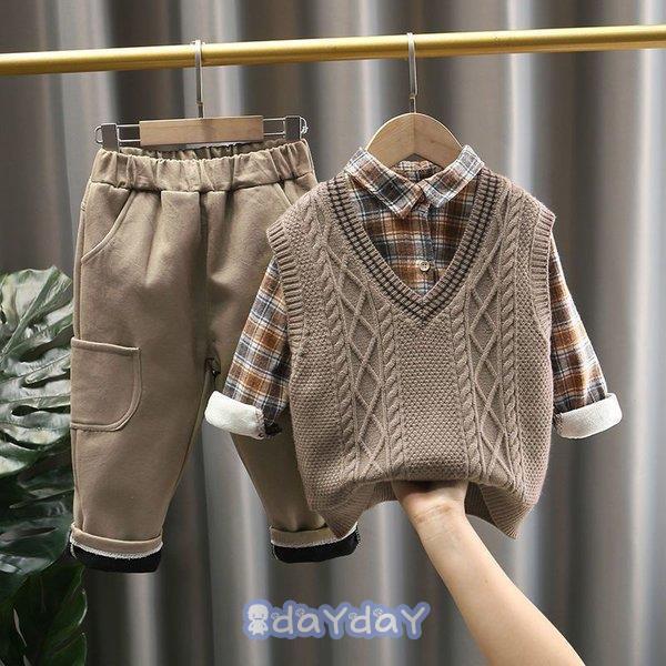 子供服 男の子 3点セット キッズ セーターベスト+シャツ+ズボン男