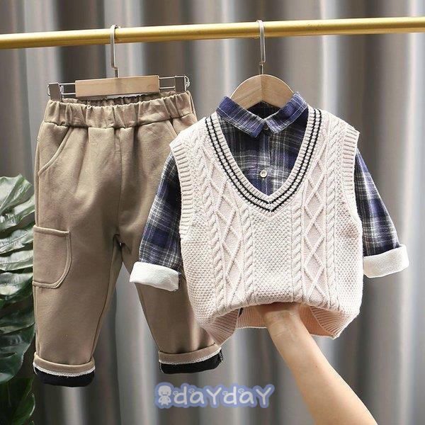 子供服 男の子 3点セット キッズ セーターベスト+シャツ+ズボン男