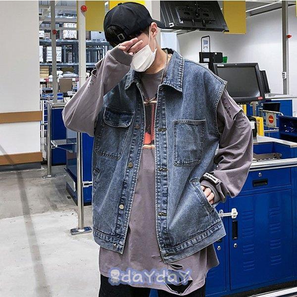 デニムベスト メンズ 袖なしデニムジャケット お兄系 Gジャン チョッキ