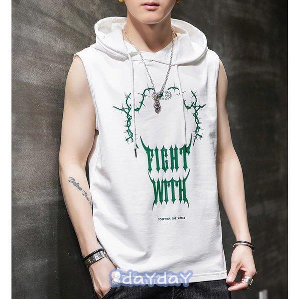 J.S.B. フード付きホワイトパーカー　袖なしXLサイズ パーカー メンズ おしゃれ スウェット プルオーバー 袖なし プリント