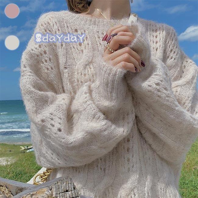 ニットセーター 厚手 レディース ニット 透かし編み ゆったり ニットセーター クルーネック ピンク レトロ セーター モコモコ 可愛い 丸首