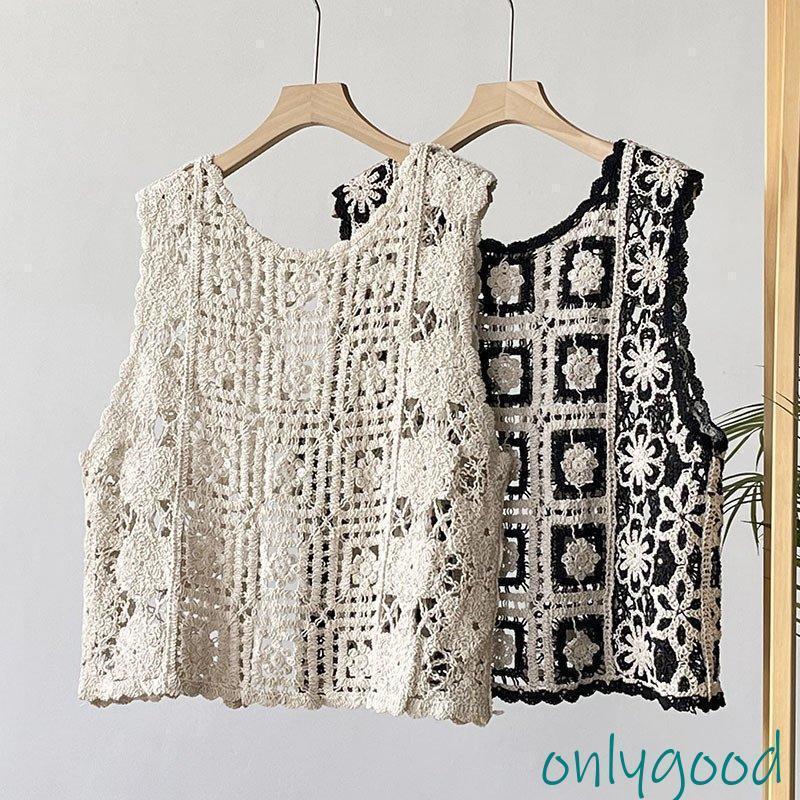 ベスト ジレ レディース 秋 花柄 刺繍 レース クロシェ編み 丸首