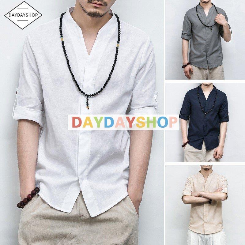 シャツ メンズ 綿麻シャツ リネンシャツ Tシャツ 白シャツ 半袖 麻 コットン 七分丈 綿 無地 春 夏 Vネック モテシャツ 通勤 カジュアル Hh0228 Lltx70 Day Day Shop 通販 Yahoo ショッピング