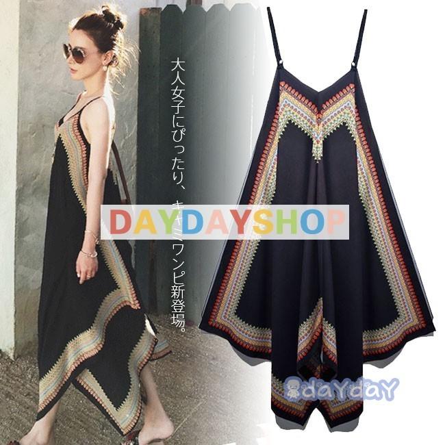 正規認証品 新規格 キャミワンピ レディース ノースリーブ マキシ丈 Vネック アシンメトリー エスニック柄 ワンピース オールインワン ゆったり オシャレ 春 夏