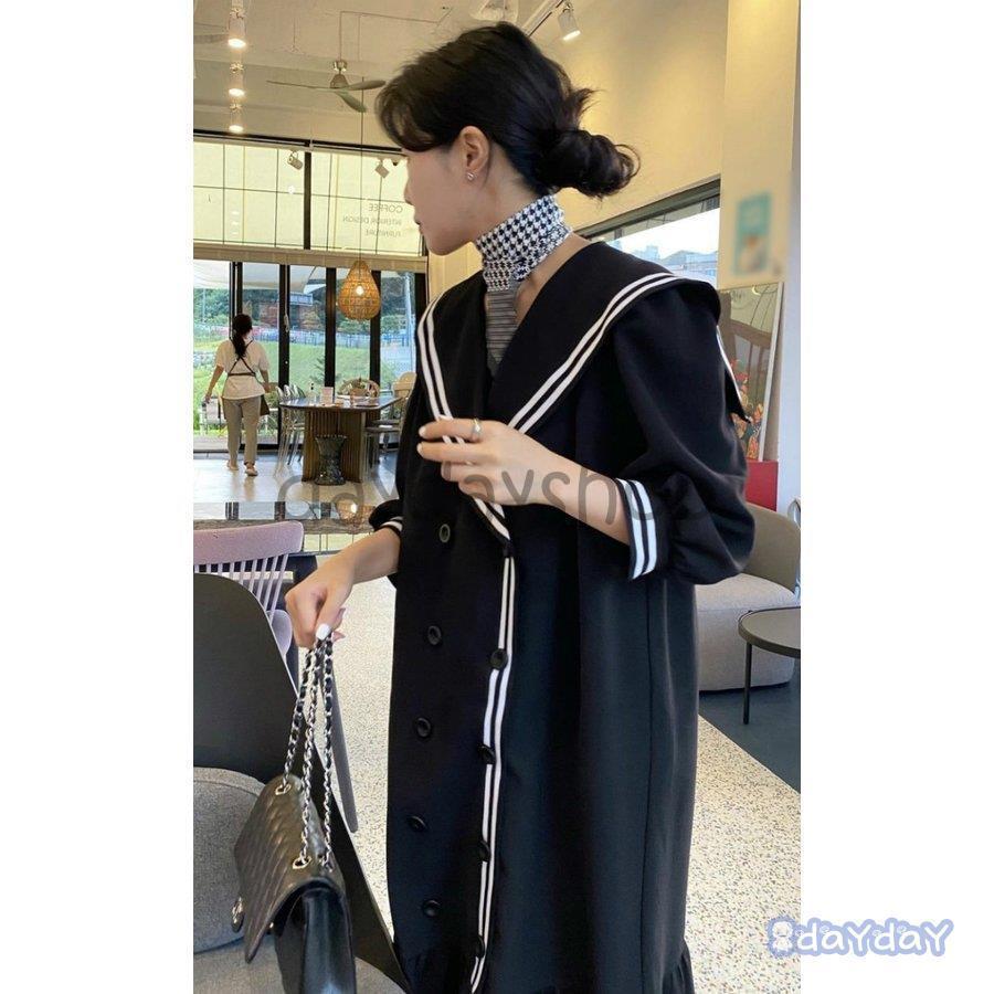 ワンピース ロングワンピ セーラー ダブルボタン 無地 七分袖 ツートン
