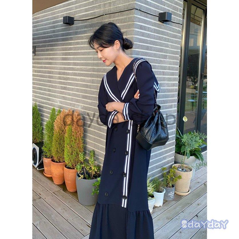 ワンピース ロングワンピ セーラー ダブルボタン 無地 七分袖 ツートン