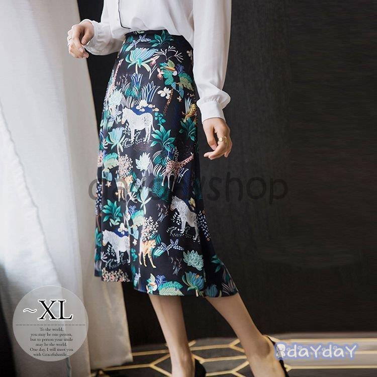 新品入荷 母親 休日 食事会 クール ママ 清楚 ファスナー Sns映え 個性的 膝下丈 Aライン イラスト スカート アニマルな総柄を鮮やかな色調で お出かけファッション フェミニン かわいい スカート