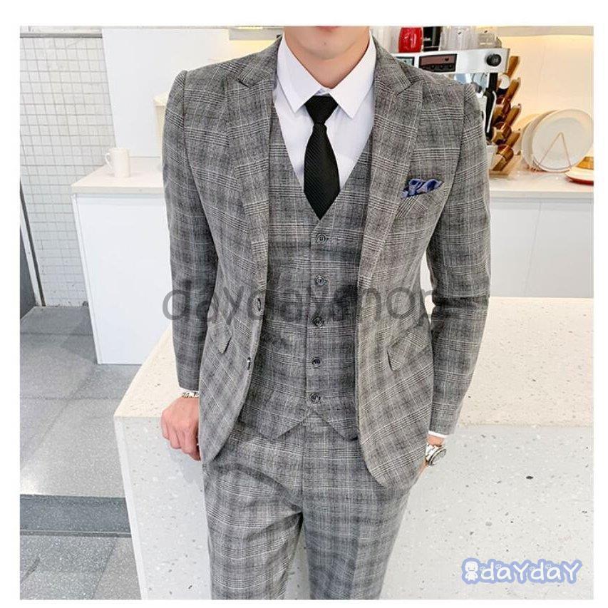独特の上品 メンズスーツ チェック柄 3点セットスーツ 2つボタンスーツ