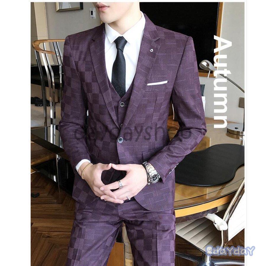 チェック柄 メンズスーツ 3ピーススーツ スリム タキシードスーツ