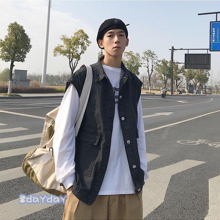 デニムベスト メンズ 袖なしデニムジャケット お兄系 前開き G