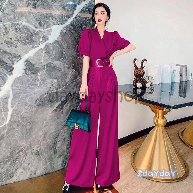 パンツドレス パフスリーブ ウエストマーク ハイウエスト カシュクール  