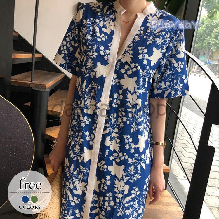 スーパーセール限定 ワンピース ロング丈 総柄 花柄 トロピカル リゾート 半袖 ボタン 旅行 楽ちん ブルー グリーン母親 お出かけファッション ママ イベント リラックス 購入 品 ブログ Www Superavila Com
