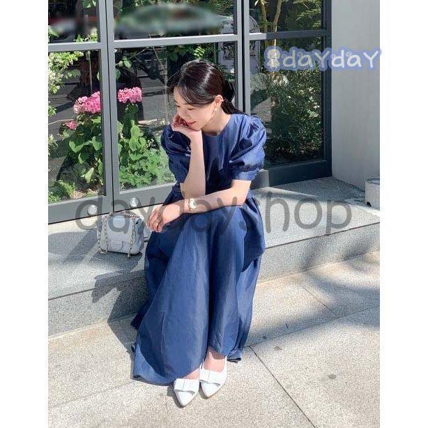 ワンピース ロング ウエストマーク ボリューム袖 ラウンドネック 上品