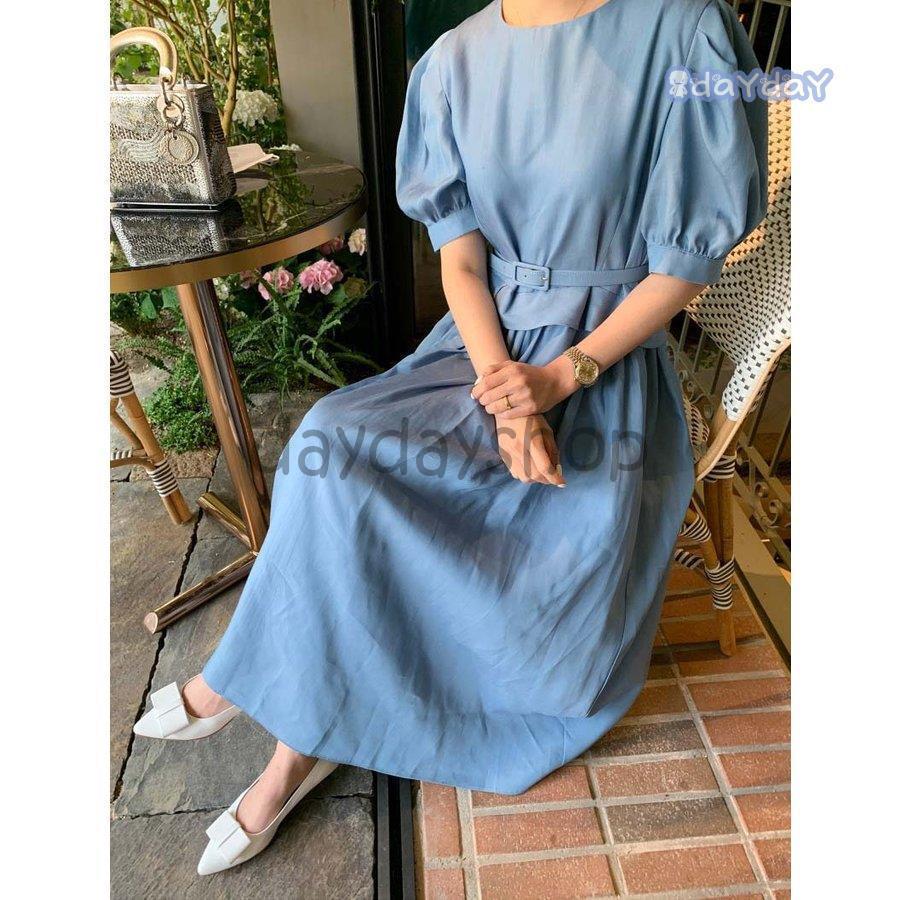 ワンピース ロング ウエストマーク ボリューム袖 ラウンドネック 上品