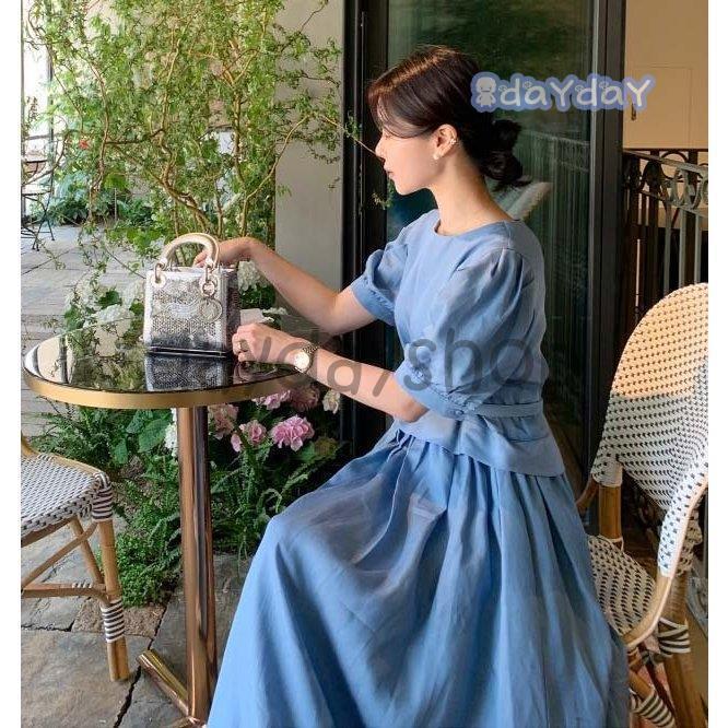 ワンピース ロング ウエストマーク ボリューム袖 ラウンドネック 上品