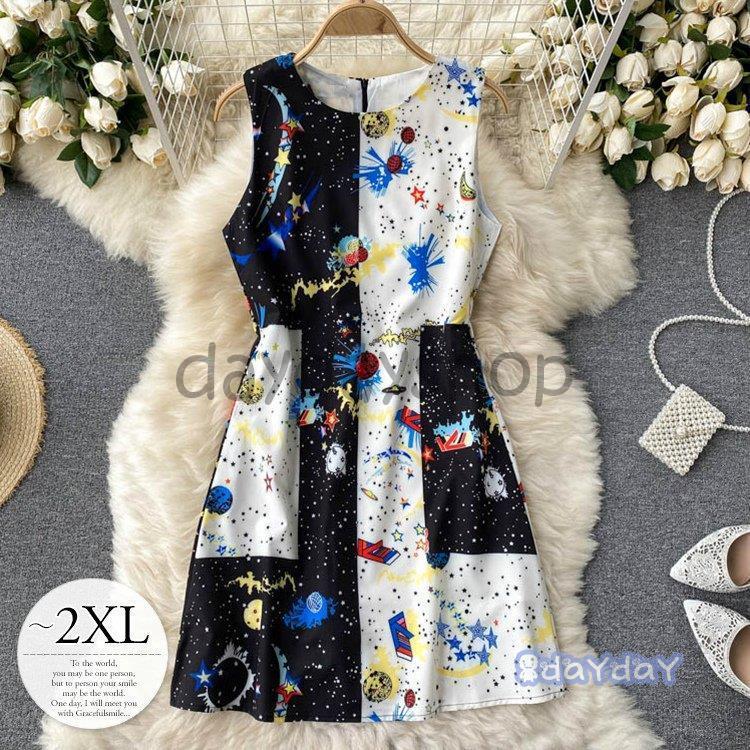 宅送 ワンピース ノースリーブワンピ 膝丈 ラウンドネック 丸首 プリント 宇宙 ジップアップ モード 個性的 ブラック ホワイト ブルー休日 華やか 可愛い ワンピース サイズ L Awacc Org