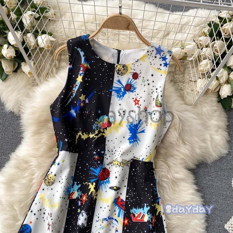 宅送 ワンピース ノースリーブワンピ 膝丈 ラウンドネック 丸首 プリント 宇宙 ジップアップ モード 個性的 ブラック ホワイト ブルー休日 華やか 可愛い ワンピース サイズ L Awacc Org