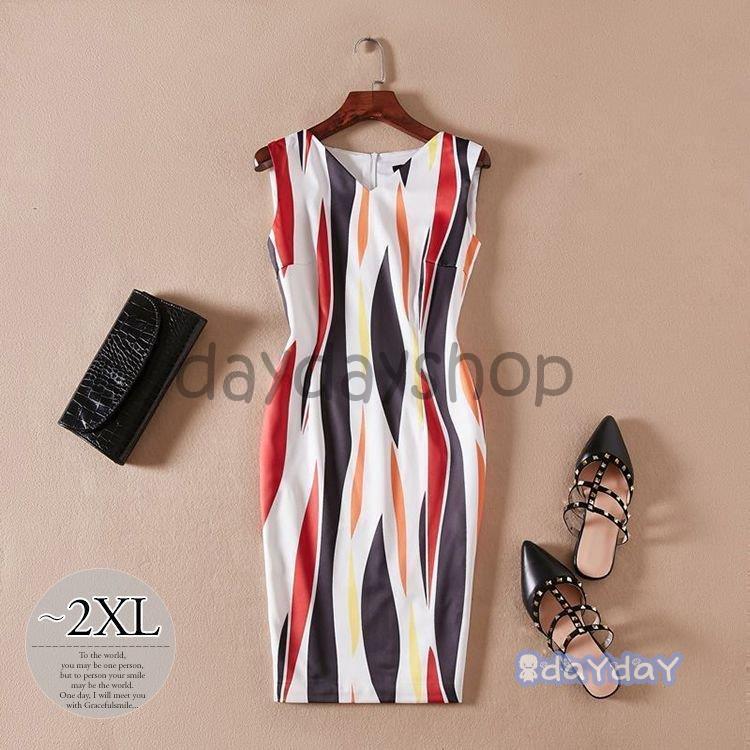 新品 在庫あり ワンピース ノースリーブ Vネック ファスナー タイト 総柄プリント 個性的 細見え ガーリー かわいい 可愛い 休日 ラグジュアリー タイムセール Shirleyryan Ca