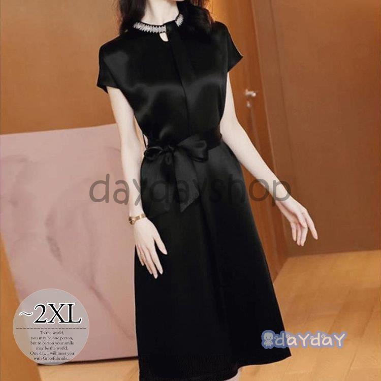 商品コード ワンピース ハイネック とろみ 薄手 Aライン ウエストリボン ハイウエスト 膝丈ワンピース ブラック 光沢 リボン 母親 ディナー 半額セール Manpredict Com