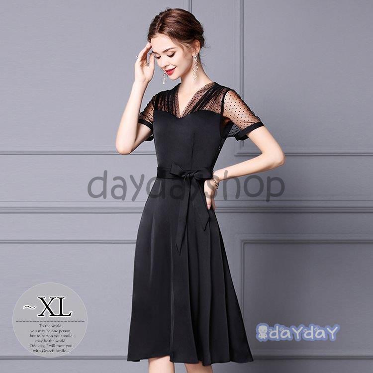 安心のアフターケア ワンピース 半袖 Vネック シースルー 透け感 Aライン ウエストリボン ファスナー 膝丈 ブラック 細見え 2次会 謝恩会 お出かけ クリアランス買蔵 Htvnepal Com