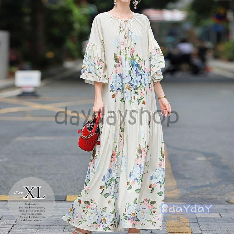 超歓迎 ゆったり ギャザー 袖ゆったり 7分袖 花柄 ラウンドネック ワンピース 正統派ナチュラルファッション ロングワンピース デート ふんわり アジアンテイスト ワンピース チュニック Gein Vn
