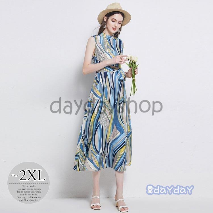 ネットお得セール ワンピース 抽象柄 ノースリーブ スタンドカラー ウエストリボン ロングワンピース ヨーロピアン 細見え 上品 キレイ目 ストリート 女子旅 日本特売 Shirleyryan Ca