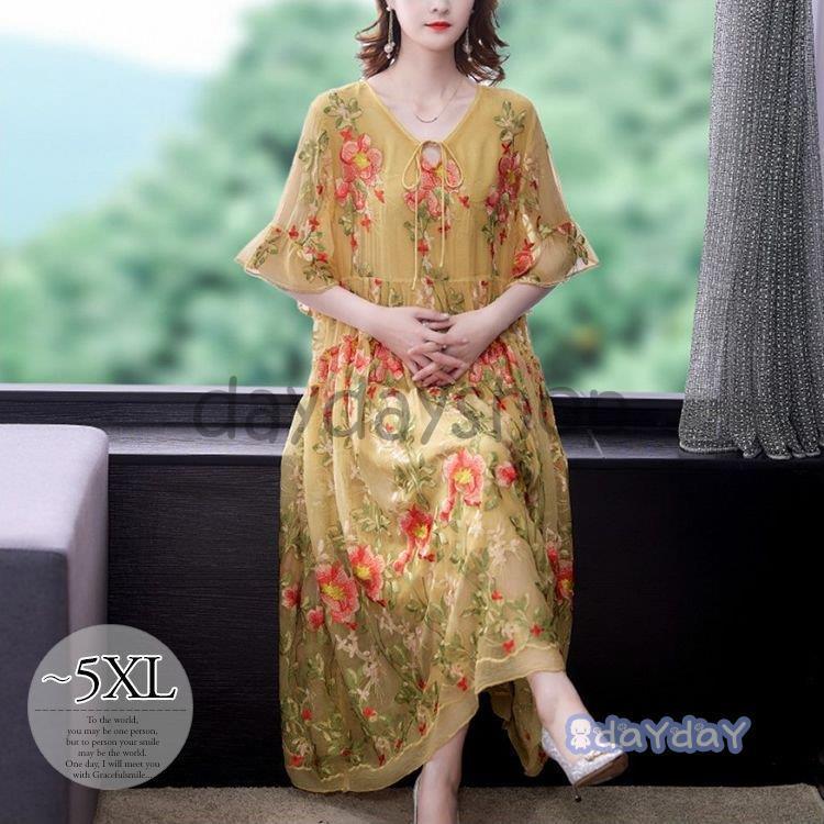 大特価品 ワンピース 花柄 5分袖 Vネック レース 透け感 Aライン 胸元リボン アジアンテイスト 涼しげ 休日 可愛い ストリート フェミニン 食事会 Sale価格 Shirleyryan Ca