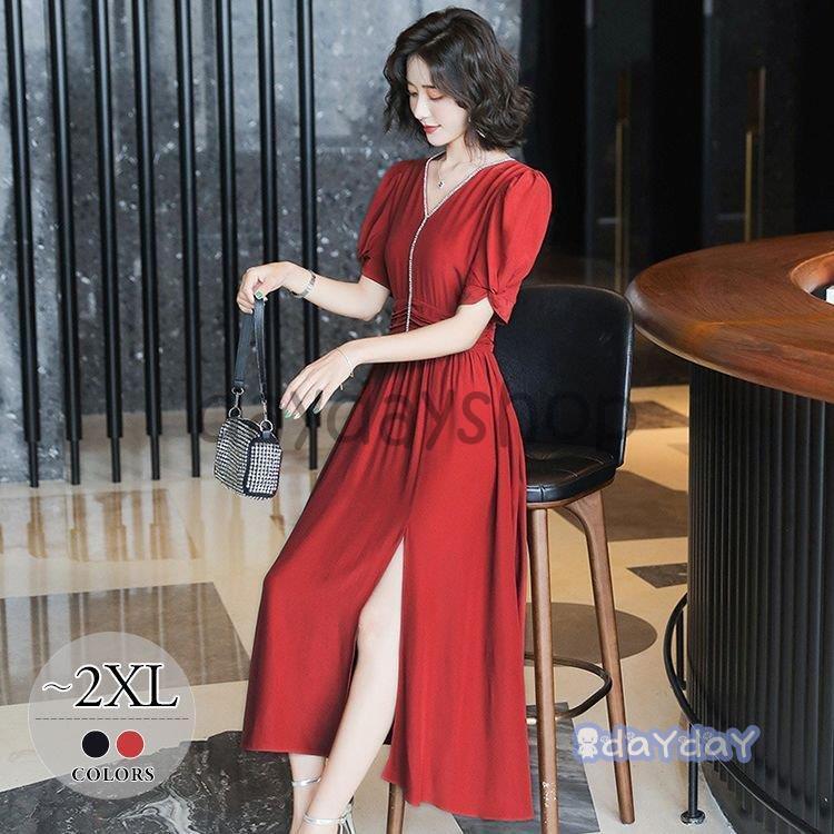 安 ワンピース 半袖 Vネック スリット ビジュー 袖デザイン 無地 シンプルデザイン ガーリー 上品 休日スタイル かわいい キレイ目 食事会 品質は割引しない Www Superavila Com