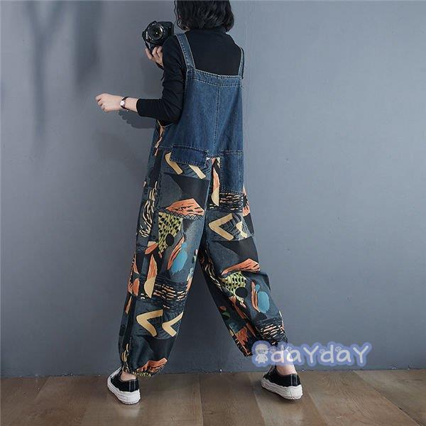 夏 デニムパンツ サルエル オーバーオール サロペットデニムパンツ 女性 ハイウエストシルエット サロペット 着やせ レディース プリント 9分丈
