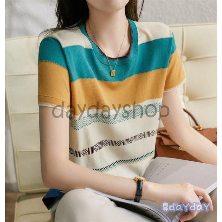 ニットtシャツ トップス レディース きれいめ 40代 春夏 半袖トップス 配色インナー オシャレ ブラウス 丸首 Tシャツ 韓国風 通勤 着痩せ おしゃれ