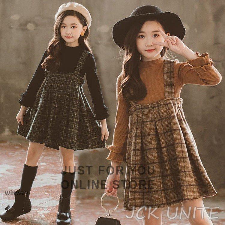 子供服 秋冬ワンピース 長袖 セットアップ キッズ 無地 Ｔシャツ カシュクール+チェック柄ワンピース 女の子 可愛い 女児 暖かい | ブランド登録なし
