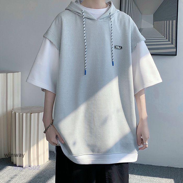 ワッフル パーカー メンズ 半袖 おしゃれ 夏パーカー 半袖パーカー