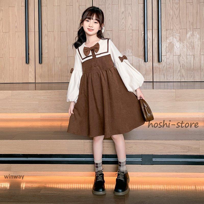 子供服 長袖ワンピース 発表会  カーキ ネイビー 春 秋 冬 ワンピース 重ね着風 韓国子供服 キッズ 女の子 ブラウン | ブランド登録なし