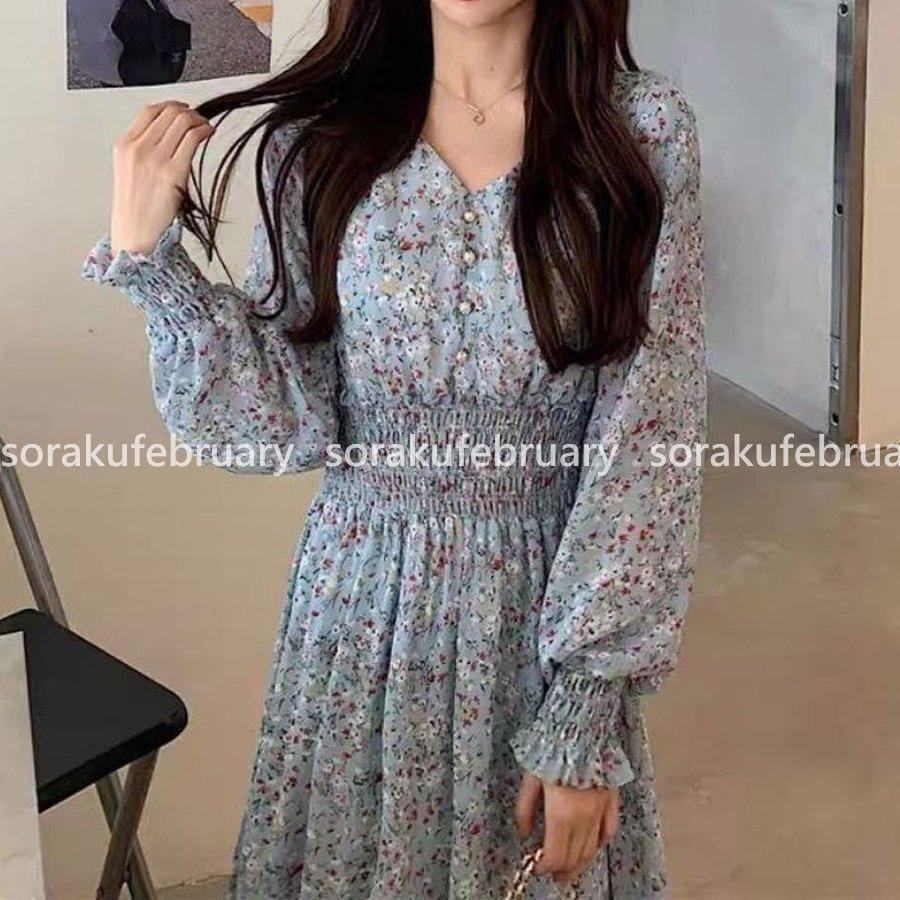 夏秋 レディース ワンピース 花柄長袖 気品きれいめ 花柄ワンピース 