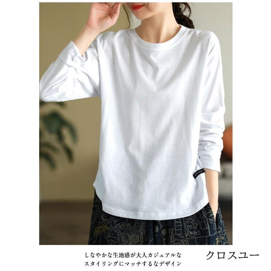 綿 丸首 クルーネック tシャツ レディース 長袖tシャツ