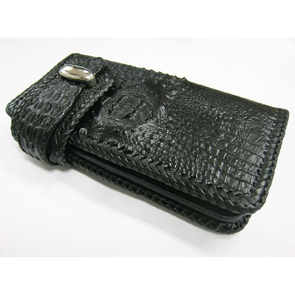 本クロコダイル革 長財布 K バタフライ 黒 インディアン バイカー ウォレット 2つ折り